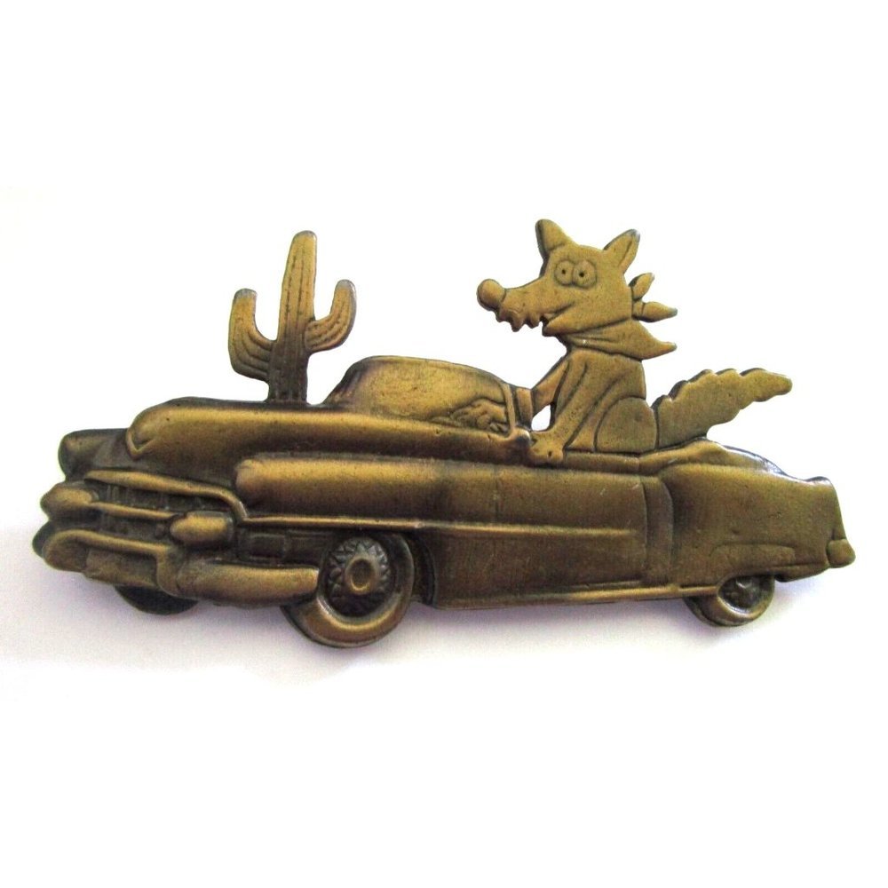 Vintage 1980s JJ Brooch Lapel Pin Coyote Driving 53 Cadillac Car - Bronze Metal